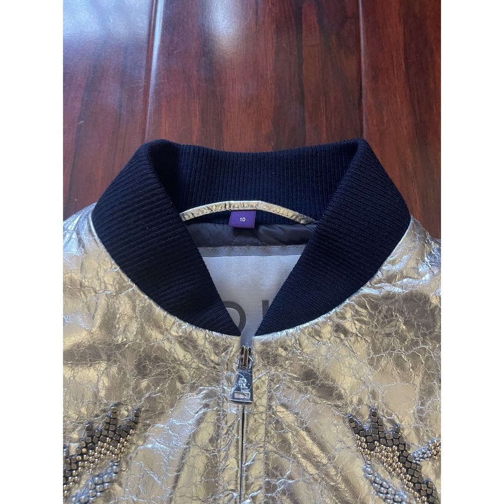 Ralph Lauren Collection Juliet Beaded Lamb Leather Bomber Jacket Silver Size 10 - Picture 5 of 16
